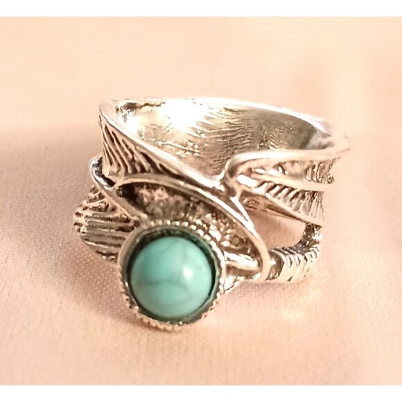Boho Silver Leaf Wrap Turquoise Ring Size 5 New Nature Inspired Statement Gift - Picture 2 of 5